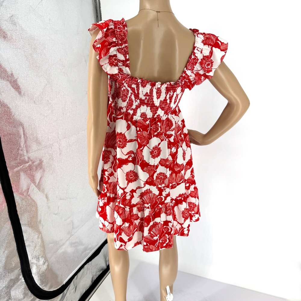 Adrianna Papell Red White Floral Smocked Ruffle Sun Dress Womens Size 6 NEW - Picture 16 of 16